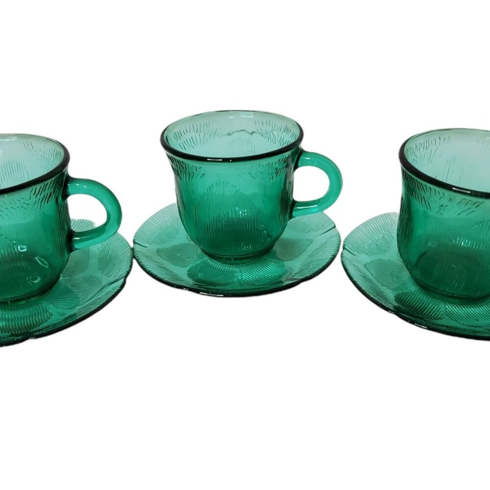 Vintage Set Of 3 Green "Forte Crisa" Glass Flat Cup and Saucer Set